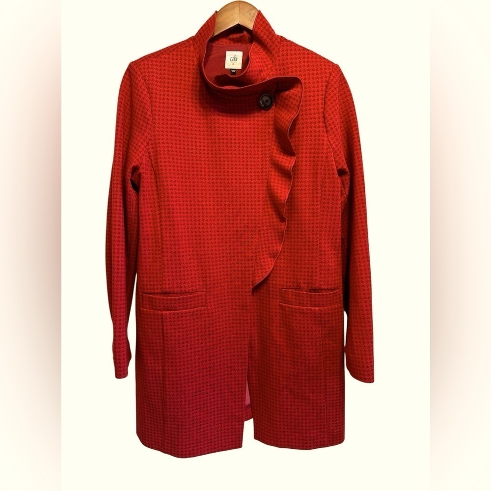 Cabi Celebration Jacket #3546 Houndstooth Long Ruffled Mock Neck 1 Button Sz M